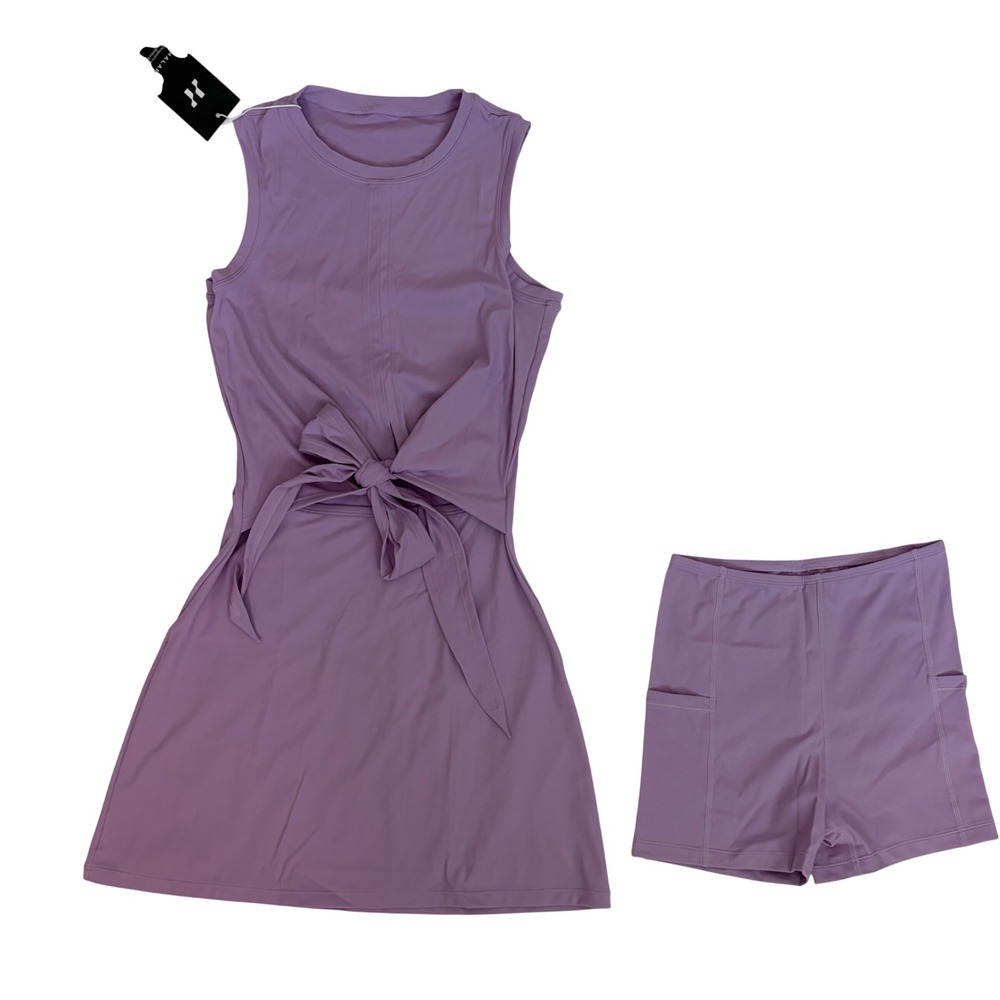 Halara Lavender Purple Tie Front Sleeveless Exercise Dress & Shorts Set XXS NEW